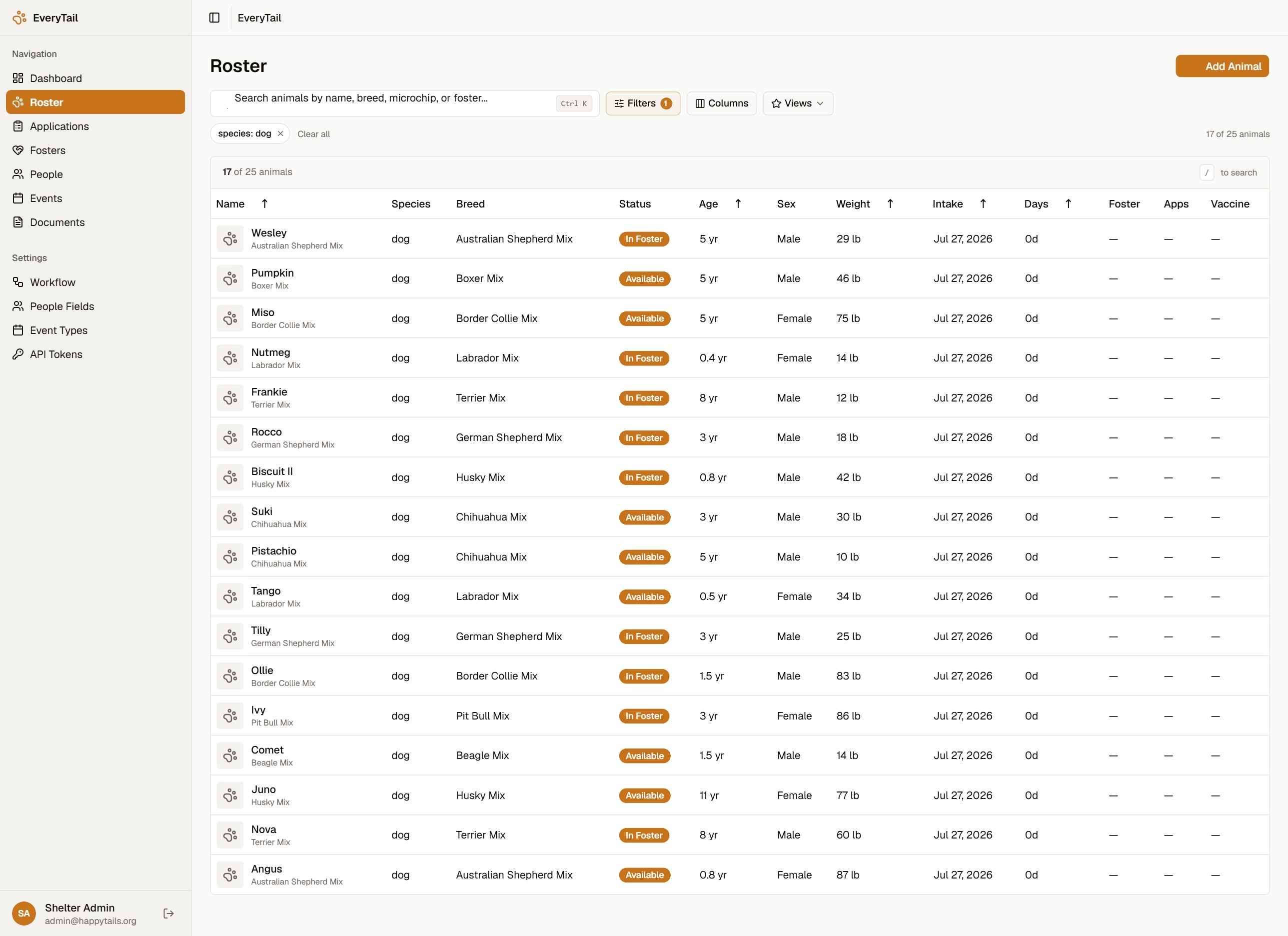 The EveryTail roster: filterable animal table with columns and saved views