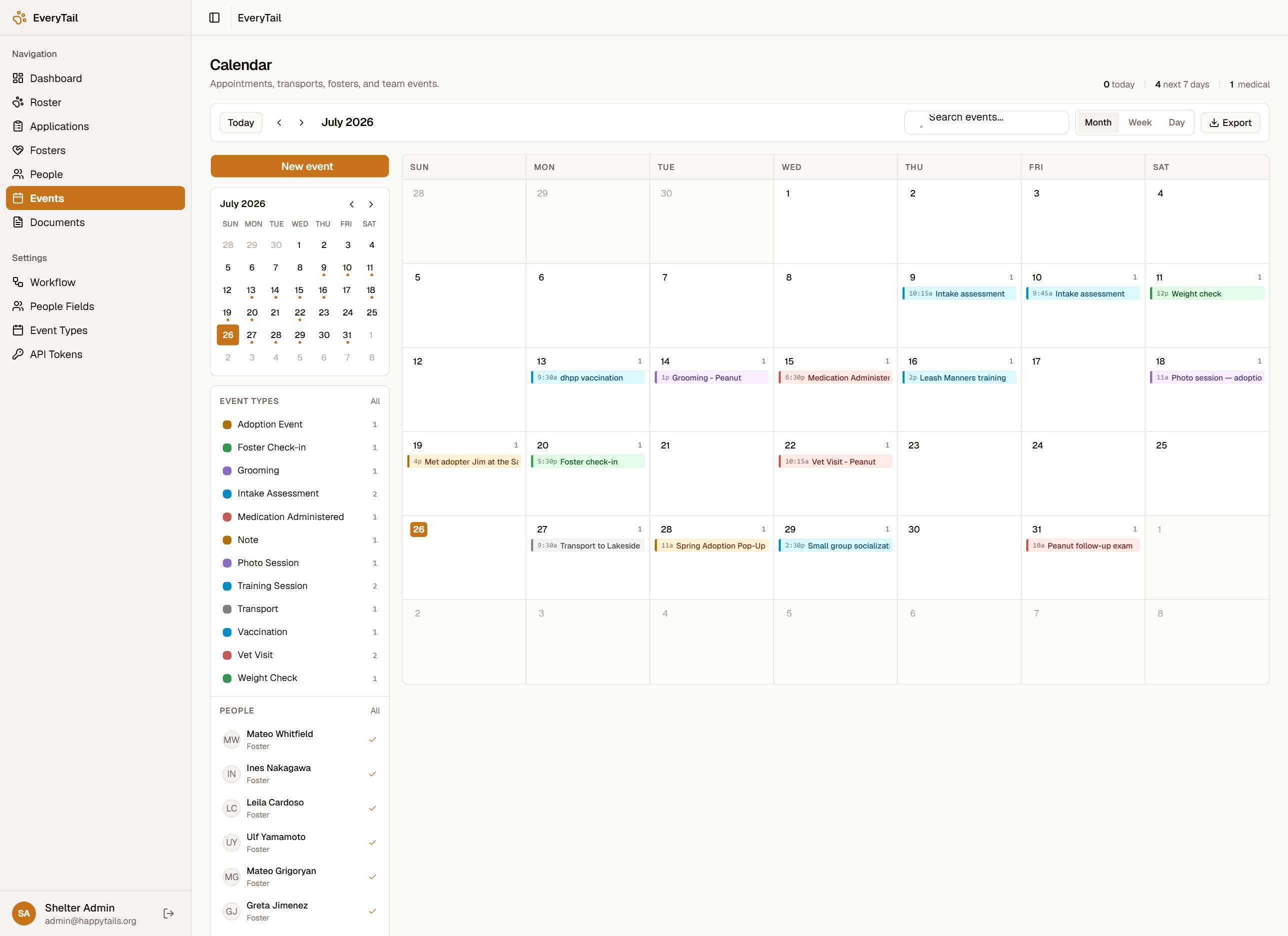 The shared calendar in the working app