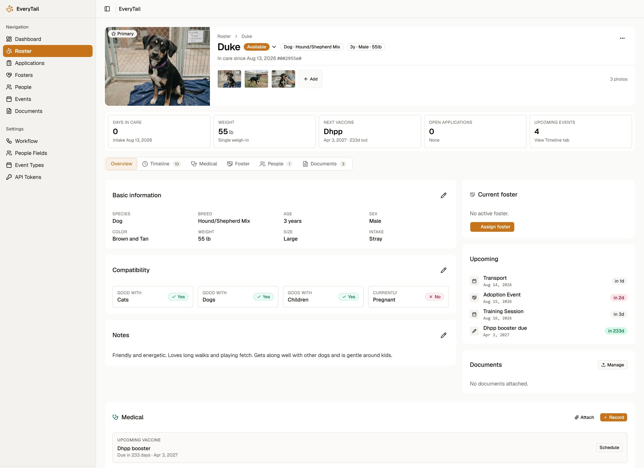 A unified animal profile in the working app